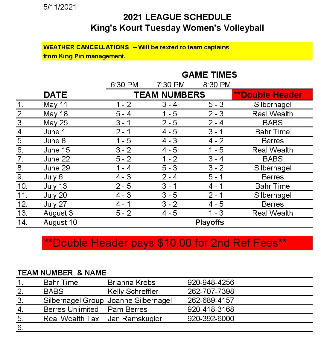 King Pin Lanes Volleyball Schedules