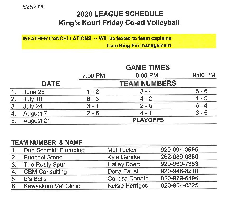 king pin schedule